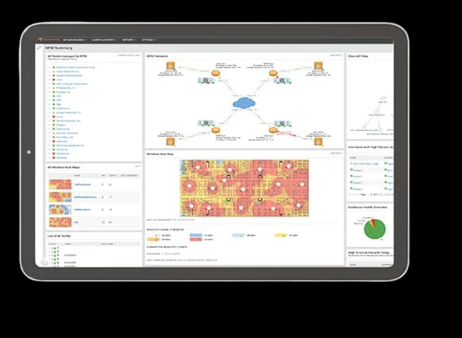 Painel do SolarWinds Network Performance Monitor com mapa e alertas da rede