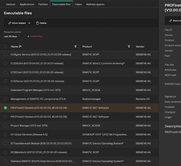 Interface do KICS listando executáveis SIMATIC da Siemens, com detalhes técnicos como hash SHA256, data de criação e validade, facilitando a detecção de alterações ou ameaças em sistemas SCADA.