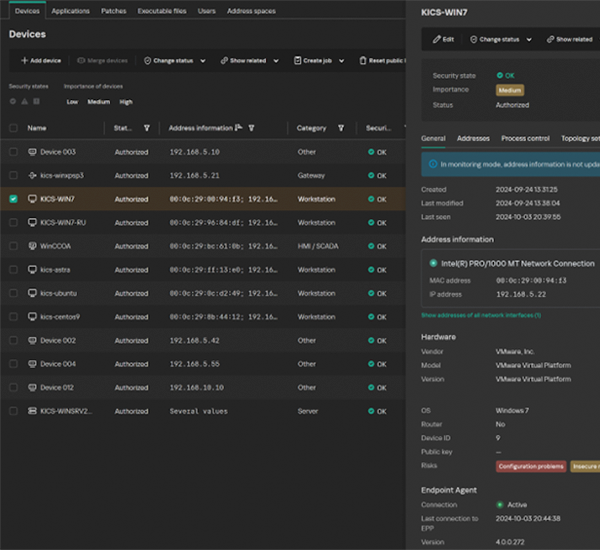 Tela de gerenciamento de dispositivos no KICS mostrando múltiplos endpoints com status de segurança e detalhes de hardware e rede.