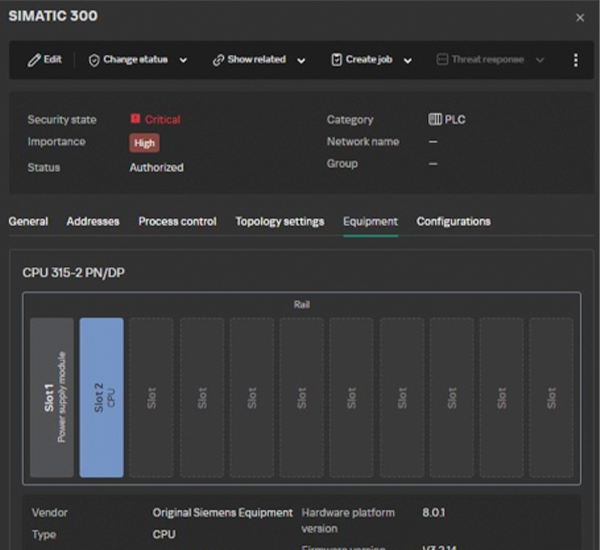 Interface do Kaspersky Industrial CyberSecurity exibindo status crítico de um equipamento SIMATIC 300 com CPU e fonte de alimentação identificadas.