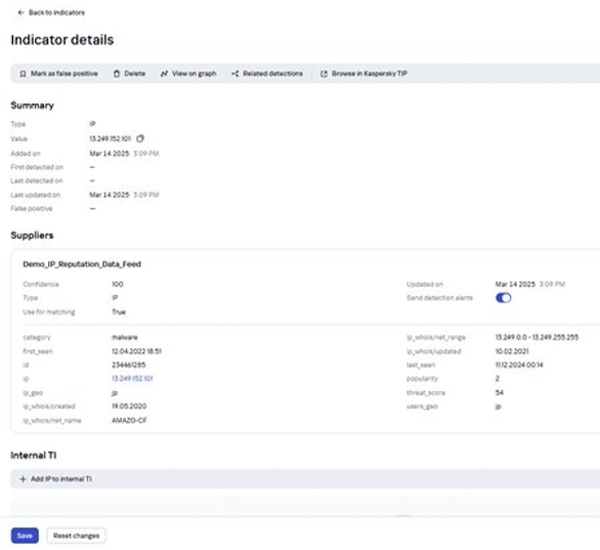 Tela de detalhes de indicador IP com reputação de ameaça e dados WHOIS.